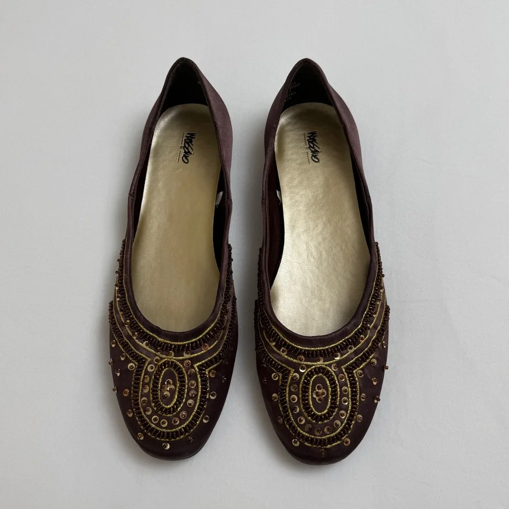 Vintage Y2K 90s Brown Embellished Sequined Slip On Flats Size 7.5 Whimsy Boho